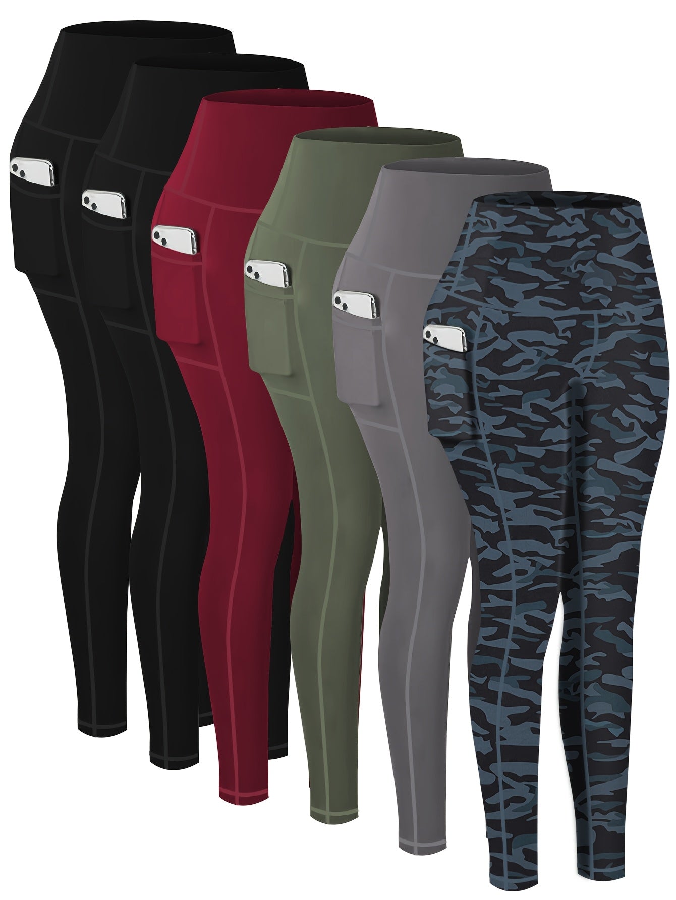 Plus Size 6pcs Set Women's Pockets Yoga Pants, Fitness Running Compression Leggings Butt Lift High Waisted Tummy Control Slimming Yoga Pants WithPockets, Workout Running