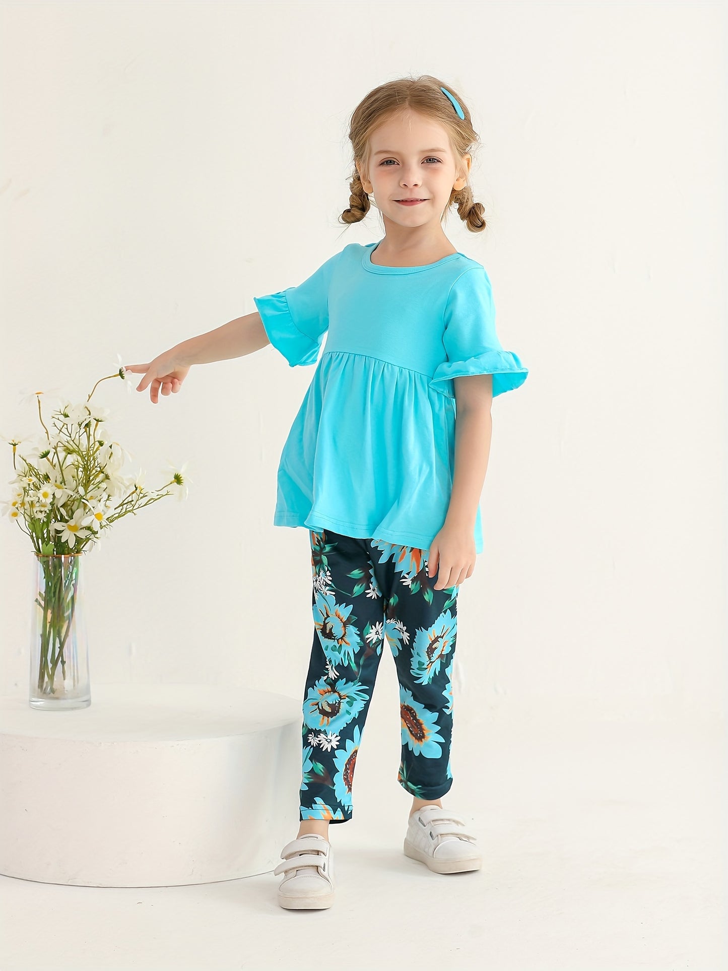 KuKitty Toddler Baby Girl Clothes Solid Color Flared Sleeve Ruffle Tops Sunflower Print Pants Outfits Set, Perfect for Outdoor