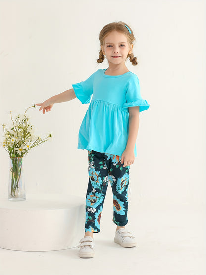 KuKitty Toddler Baby Girl Clothes Solid Color Flared Sleeve Ruffle Tops Sunflower Print Pants Outfits Set, Perfect for Outdoor