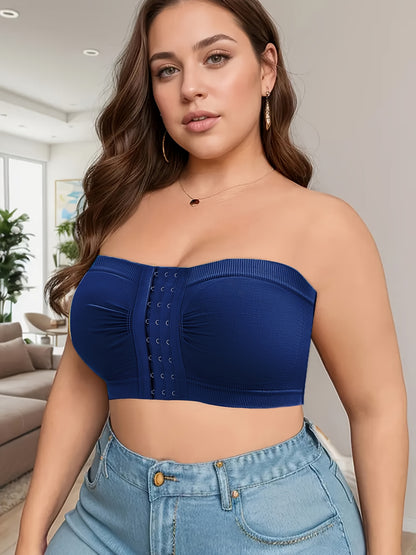 5pcs Plus Size Front Closure Bra Set, Elegant Nylon Fabric Plus Size Women's Bandeau, Wireless Design Front Closure Plus Size Women's Strapless, Medium Stretch, Solid Color, No Padding