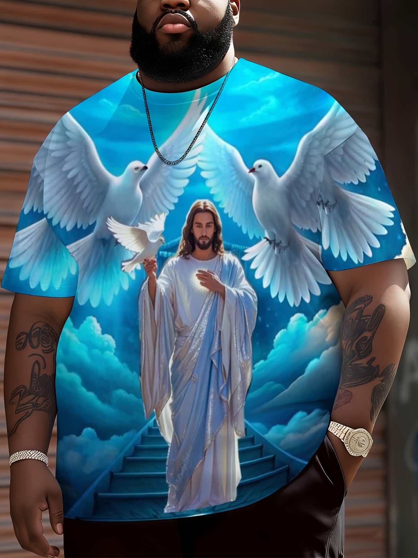 Jesus Christ With Doves And Heavenly Stairs Religious Christian T-Shirt For Men Full Print Design Faith Inspired Apparel, Plus Size