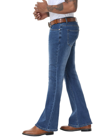 Men's Vintage 70s Retro Bell Bottom Jeans - Wide- Flare Pants with Mid-Stretch Blend, Beltless Suitable for Disco Parties, Night Out & Casual Attire, Machine Washable Mid-Rise Bottoms
