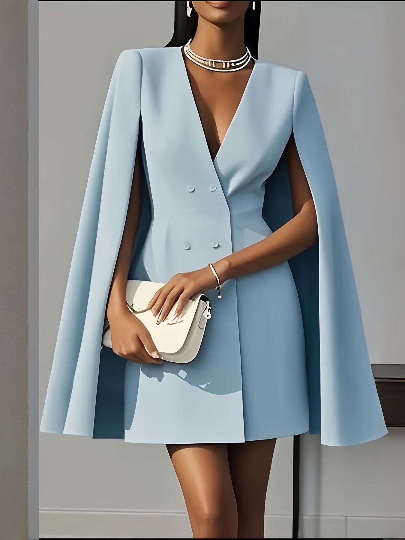 [Spring & Summer Party] Women's Elegant Solid Color V Neck Double-Breasted Cape Blazer Dress Spring & Summer Party Banquet Outfit 2pcs Outfits for Women Elegant Classy