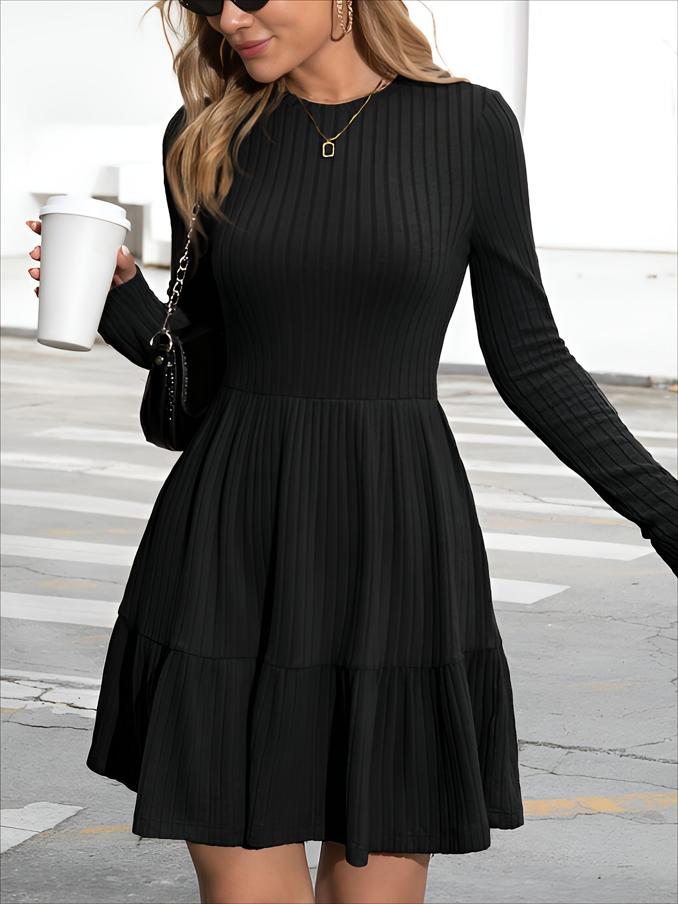 Autumn Style Casual Ruffle Trimmed Skirt, Fitted A-Line Mini Spring Sweater Dress with Knee-Length Fashionable Long Sleeves, A-Line Skirt, Round Neckline, Dropped Shoulder Hem, Fabric, Short Dress, Elegant Women'S Ribbed Long Sleeve Dress