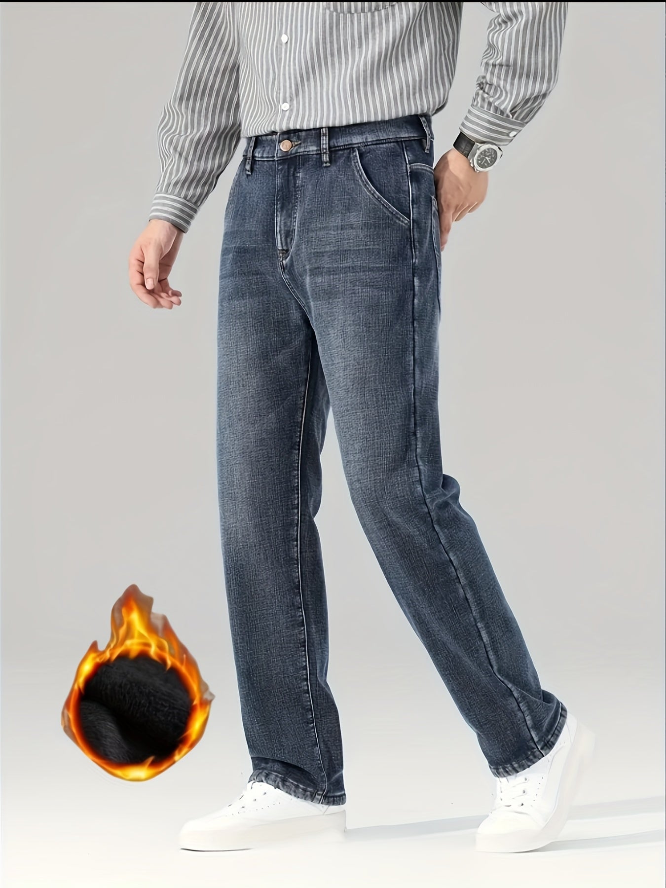 [HME] New Men'S Thickened Denim Trousers for Autumn And Winter. Heavily Washed And Naturally Polished, with Thickened Fleece Lining for Good Warmth Retention. Classic And Versatile Men'S Warm Winter Thick Jeans