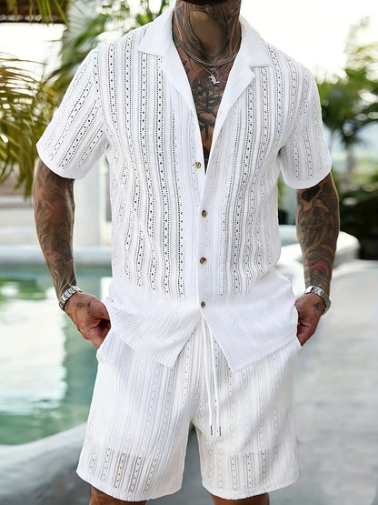 2pcs/Set Men's Solid Color Button- Hollow Shirt And Shorts Set, Vacation Solid Color Husband Casual Wear, Suitable for Vacation, Seaside Beach, Daily Leisure, Summer Wear Men Vacation Outfits Men 2pcs Outfits Summer, Cozy Outfits