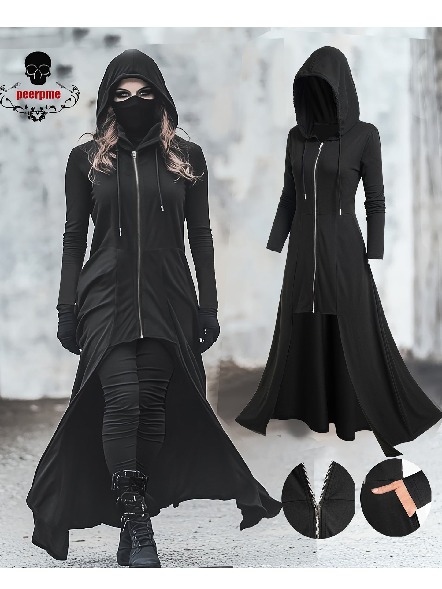Gothic Style Zip Up Jacket, Casual Long Sleeve Hooded Extra-long Swallowtail Jacket for Holiday & Cosplay, Women's Clothing