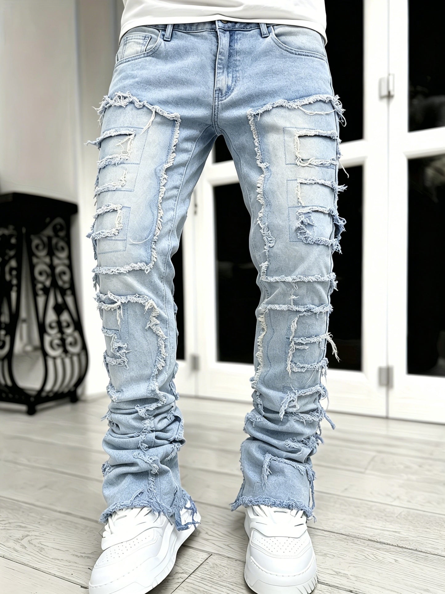 Men's Creative Tassel Decor Straight Fit Jeans, Men's Casual Mid-Rise Elastic Street Style Hip-Hop Skate Rap Jeans for All Seasons