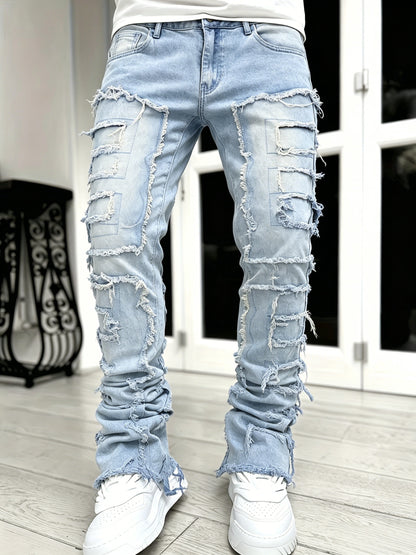Men's Creative Tassel Decor Straight Fit Jeans, Men's Casual Mid-Rise Elastic Street Style Hip-Hop Skate Rap Jeans for All Seasons