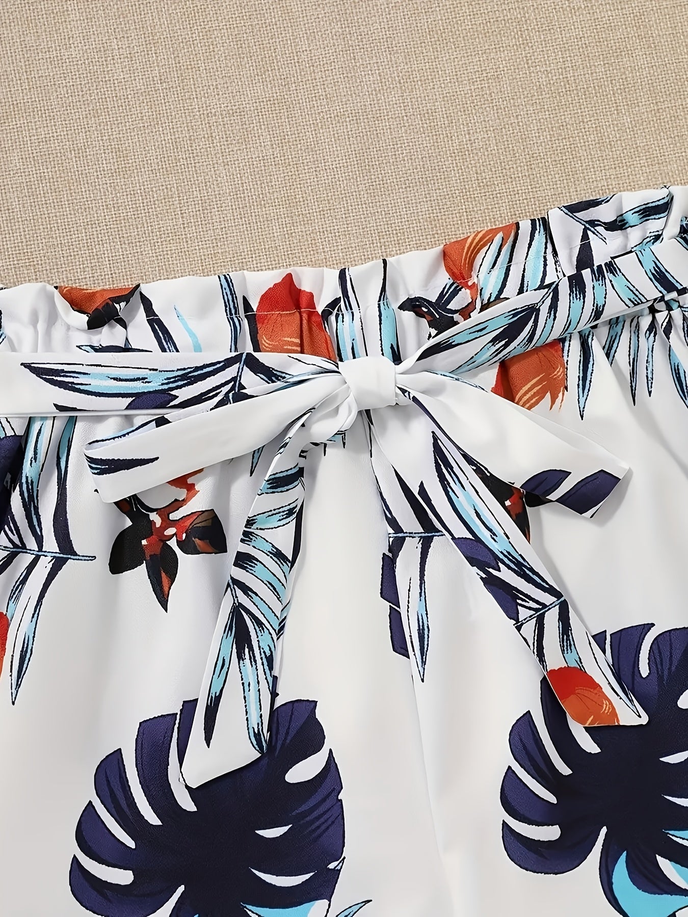 Pants Set - Unique Tropical Print 2pcs Set - V-Neck Crop Top and High-Waist Drawstring Shorts, Lightweight, Breathable, Comfortable Fabric, Machine Washable - Perfect for Spring and Summer