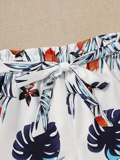 Pants Set - Unique Tropical Print 2pcs Set - V-Neck Crop Top and High-Waist Drawstring Shorts, Lightweight, Breathable, Comfortable Fabric, Machine Washable - Perfect for Spring and Summer
