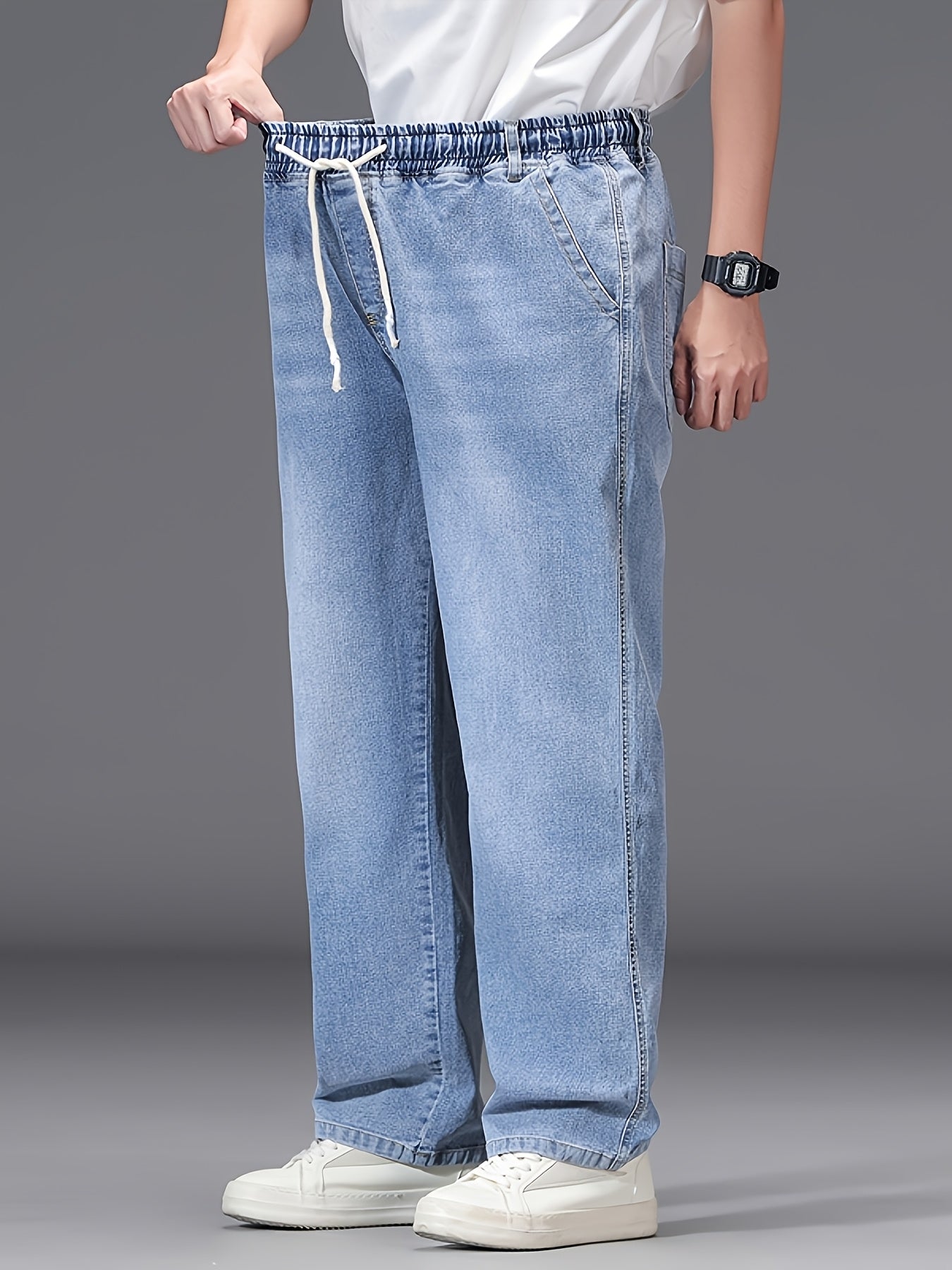 Large Size Jeans Men's Straight Leg Loose Fit Elastic Pants with Added And Extra Pants Elastic Waist Men's Simple And Versatile Denim Pants Men's Jeans Four Season Style, PLUS SIZE