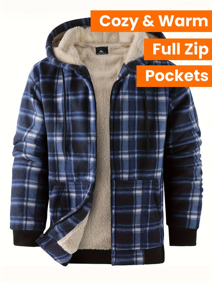 Men's Heavyweight Sweater Hooded Jacket - Full Zip Thick Snow Mountain Lined Flannel Plaid Shirt with Pockets, Casual Style, Perfect for Autumn and Winter, Hooded Collar, Regular Fit, Plaid Pattern, Men's Jacket
