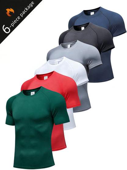 5pcs Men's Breathable Stretchable Sports T-Shirts - 100% Polyester Round Neck Short Sleeve Gym Tees Suitable for Running, Fitness Training, Casual Wear, Machine Washable Athletic Shirts with Regular Fit for Workout & Everyday Use