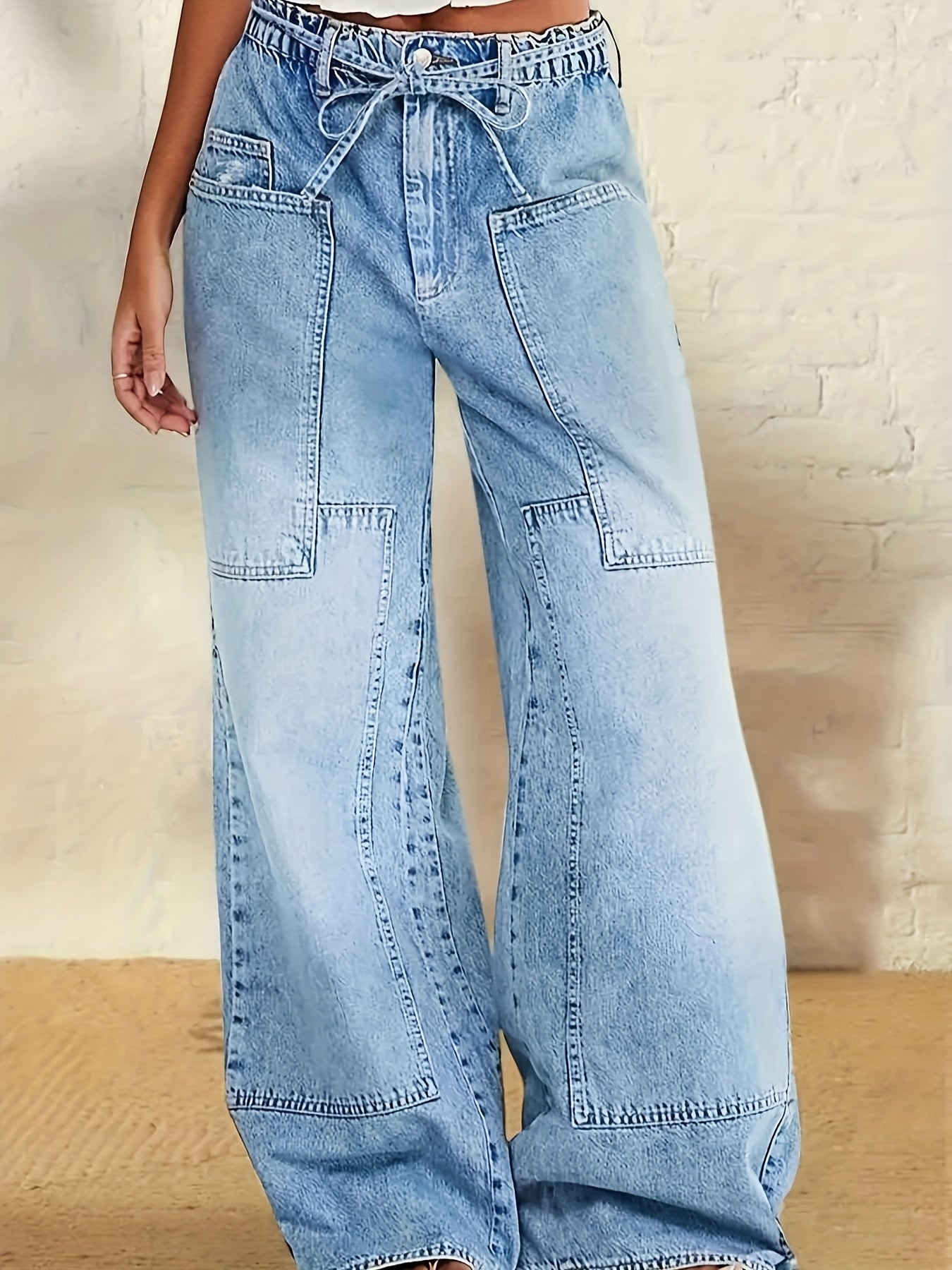 HME New Autumn/Winter Women's Non-Stretch Semi-Elastic Waist Pants, All-Season Wear, Washed Denim Fashion Vintage Multi-Pocket Patchwork Cargo Casual Jeans
