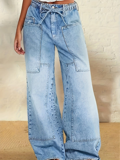 HME New Autumn/Winter Women's Non-Stretch Semi-Elastic Waist Pants, All-Season Wear, Washed Denim Fashion Vintage Multi-Pocket Patchwork Cargo Casual Jeans