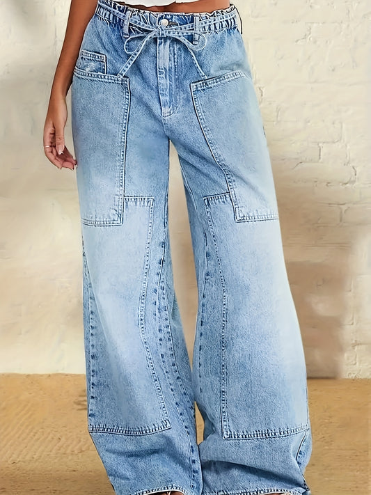 HME New Autumn/Winter Women's Non-Stretch Semi-Elastic Waist Pants, All-Season Wear, Washed Denim Fashion Vintage Multi-Pocket Patchwork Cargo Casual Jeans