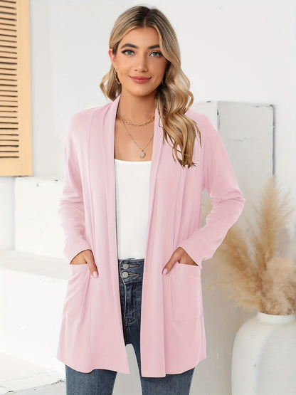 Spring And Autumn Women'S New Casual Solid Color Open Placket Double Pocket Design Simple Cardigan Jacket Comfortable Loose Long Sleeve Cardigan