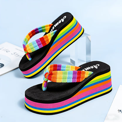 Women'S Summer Beach Flip Flops - Comfort Thick Sole Casual Sandals, Black And Pink Rainbow Stripe, Soft TPU Material, All-Season Wear, Women Shoes