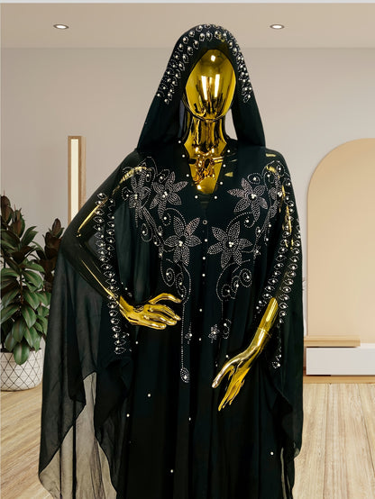 Chic Rhinestone Wrap for Women Featuring Trumpet Sleeves - A Loose-Fitting Long Cape Inspired by Middle Eastern Styles, Adorned with Semi-Sheer Pearls And Crystals, with a Split Hem Perfect for Summer Weddings And Formal Occasions