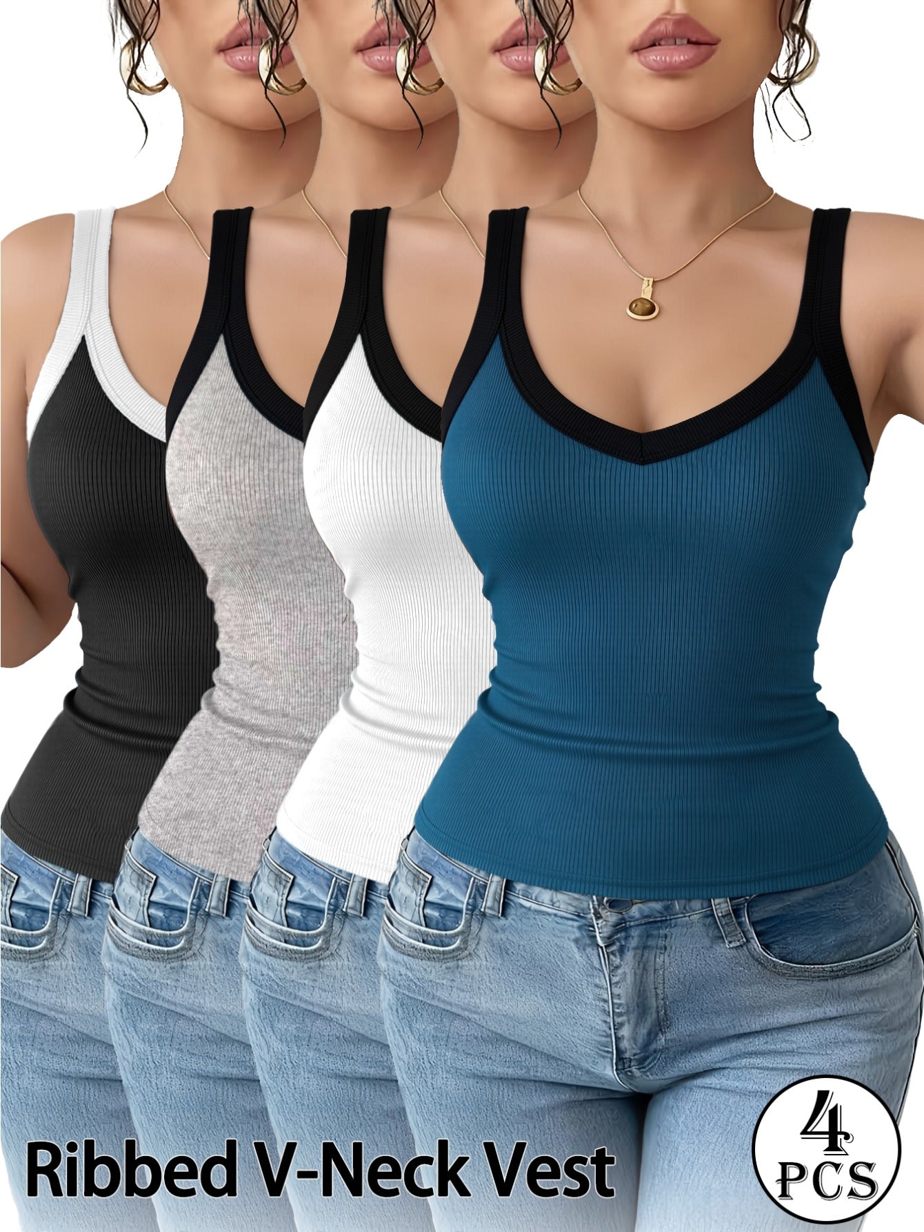 4pcs Women's Ribbed Sports Vest Set, Color-blocked V-neck Sleeveless Sports Camisole, High-elasticity Slim-fit Tank Top, Casual and Breathable Summer Top Suitable for Everyday Street Style.
