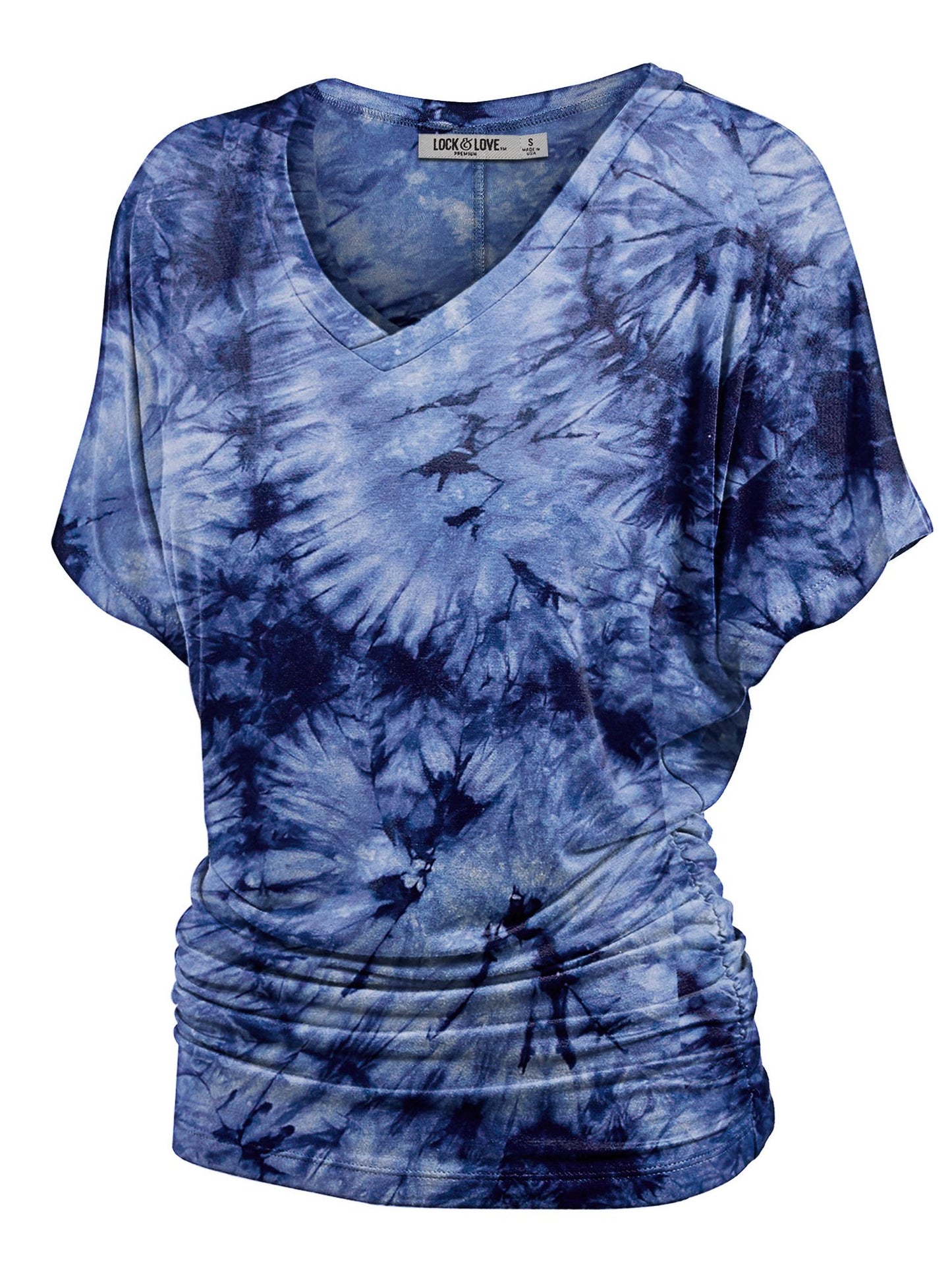 Women's Short Sleeve V Neck Tie-Dye Dolman Top w/Side Shirring
