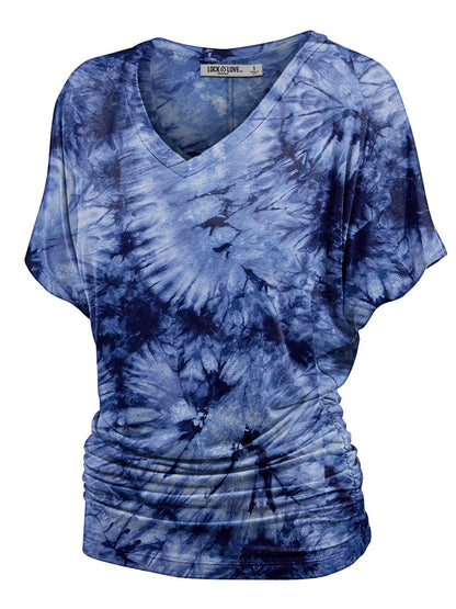 Women's Short Sleeve V Neck Tie-Dye Dolman Top w/Side Shirring