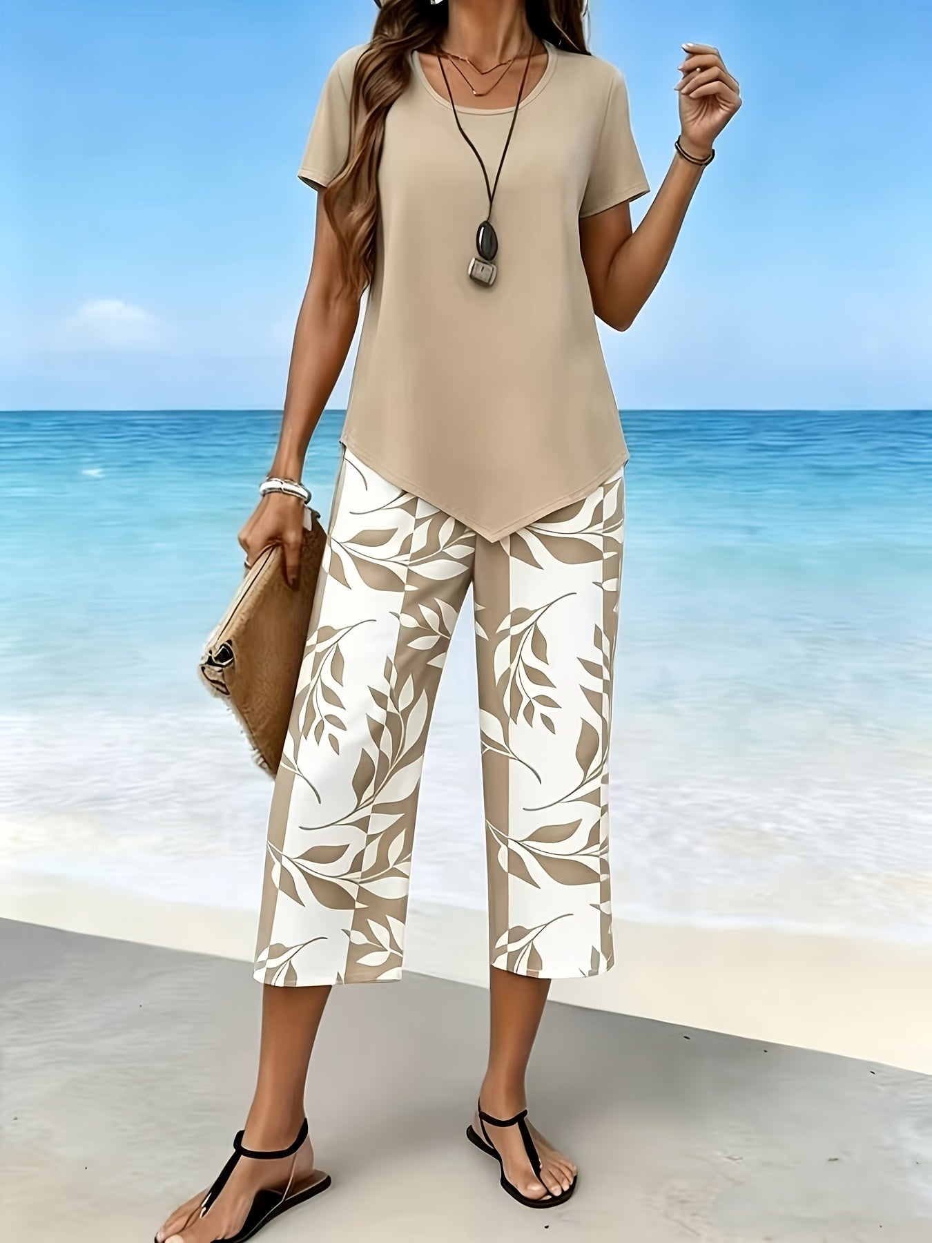 Women'S Spring/Summer Casual Two-Piece Set: Short Sleeve Round Neck Top with 7/8 Wide-Leg Pants, Loose Comfortable, Versatile for Daily Outings, Home, And Commuting