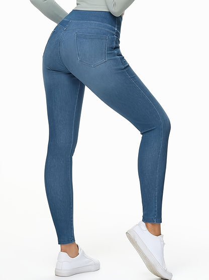 Women's Slim-fit Jeans with Four Pockets, High-waisted Stretchy Leggings, Fashionable Tummy- Denim Style