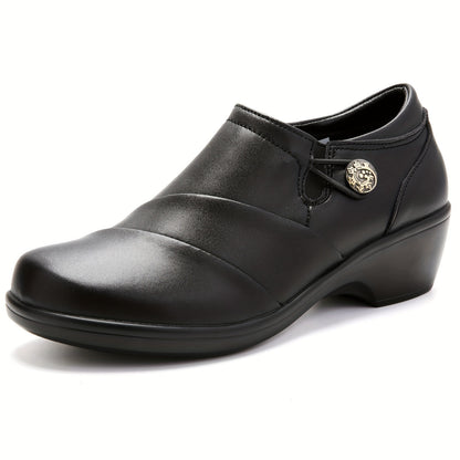 Women's Slip-On Thick Platform Loafers - Lightweight Penny Loaf Shoes with Microfiber Upper & Cushioned Sole, Round Toe Suitable for Work, Casual, Office - - Wear (Black), Women Shoes