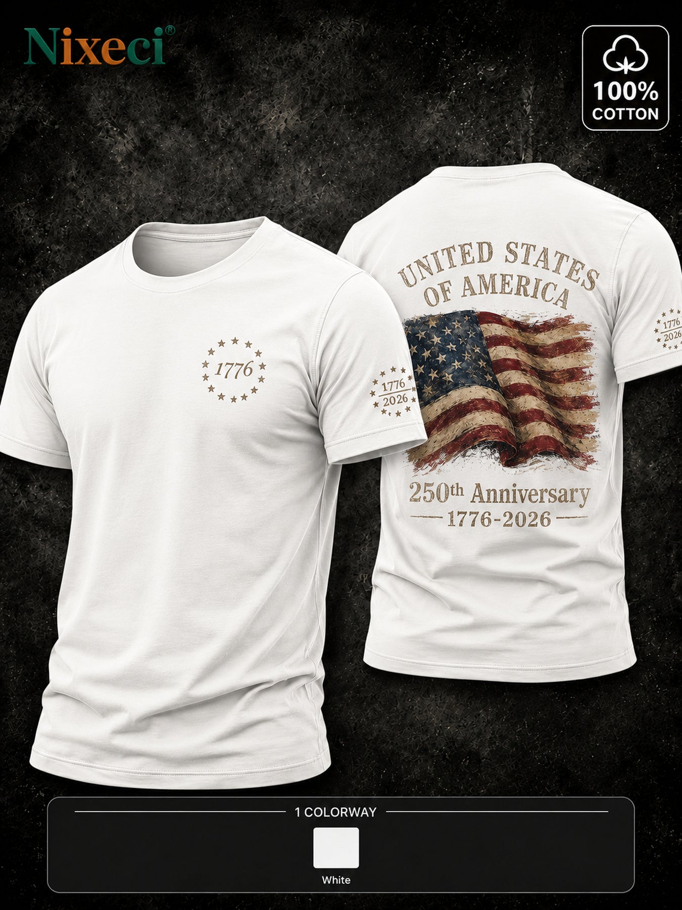 Nixeci Men's Pure Cotton American Flag Graphic T-Shirt, Vintage Print Crew Neck Short Sleeve Summer Casual Tee for Vacation, Father's Day, Independence Day, and Football Parties