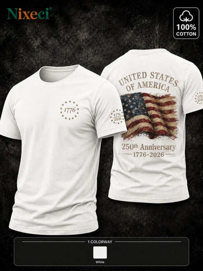 Nixeci Men's Pure Cotton American Flag Graphic T-Shirt, Vintage Print Crew Neck Short Sleeve Summer Casual Tee for Vacation, Father's Day, Independence Day, and Football Parties