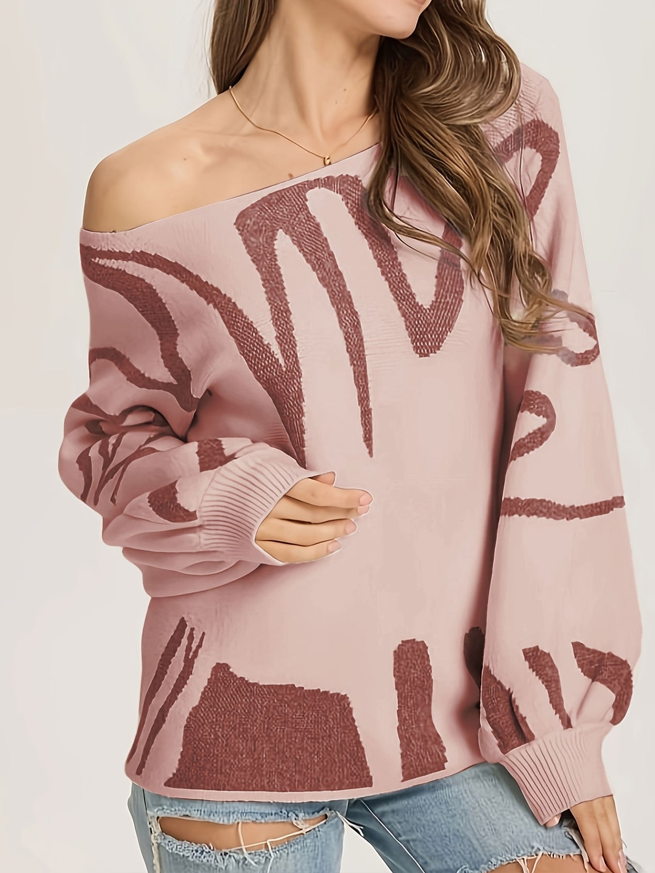 Random Pattern Boat Neck Pullover Sweater, Casual Lantern Sleeve Loose Sweater, Women's Clothing