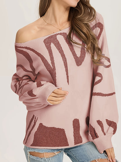 Random Pattern Boat Neck Pullover Sweater, Casual Lantern Sleeve Loose Sweater, Women's Clothing