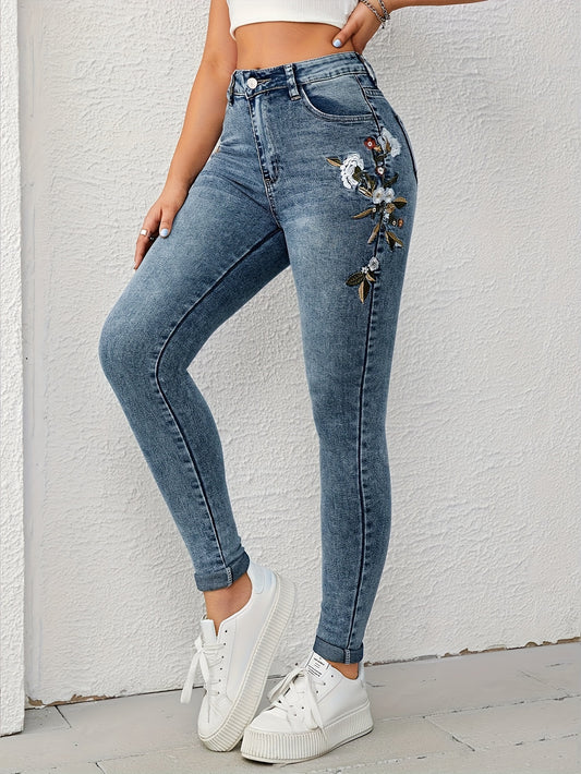 Women's High-Waisted Skinny Jeans with White Floral Embellished Hem & Slash Pockets - Wash Blue Denim Slim-Fit Stretch Pants, Beltless Waistband for All-Season Wear, Casual to Dressy (Hand Wash/Dry Clean) - Tight Leg Fit Jeans
