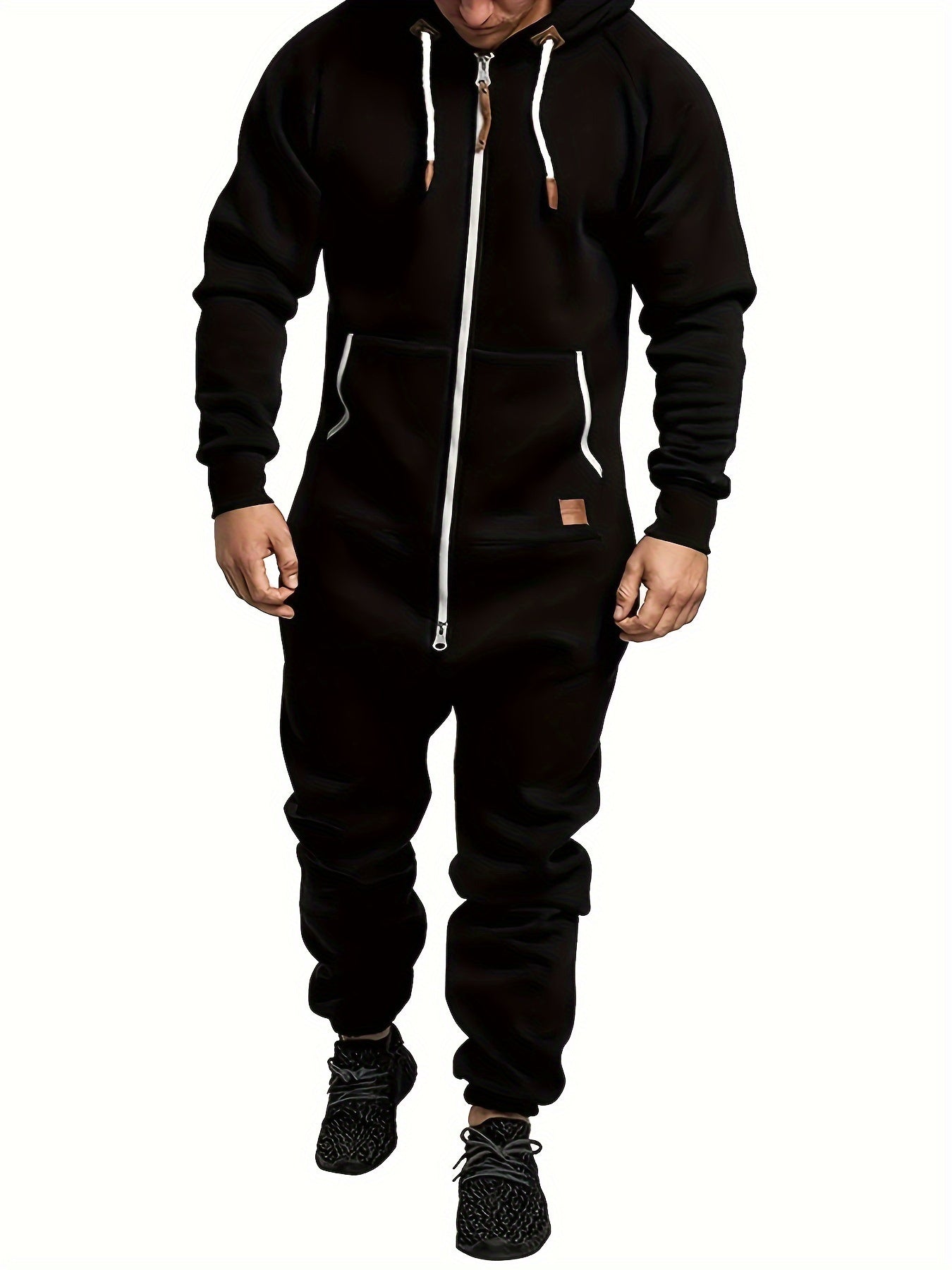 Men'S Hooded Fleece-Lined Jumpsuit with Long Sleeves, Full Zipper, And Kangaroo Pockets Suitable for Travel And Seaside Trips
