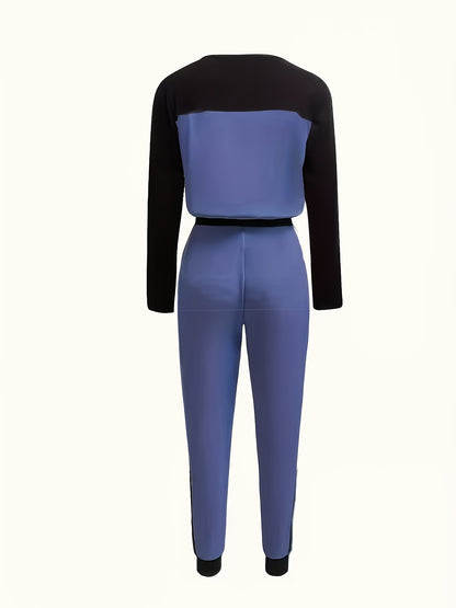 Fashionable Autumn And Winter Casual Elegant Color-block Round-neck Long-sleeve T-shirt with Pants Two-piece Set