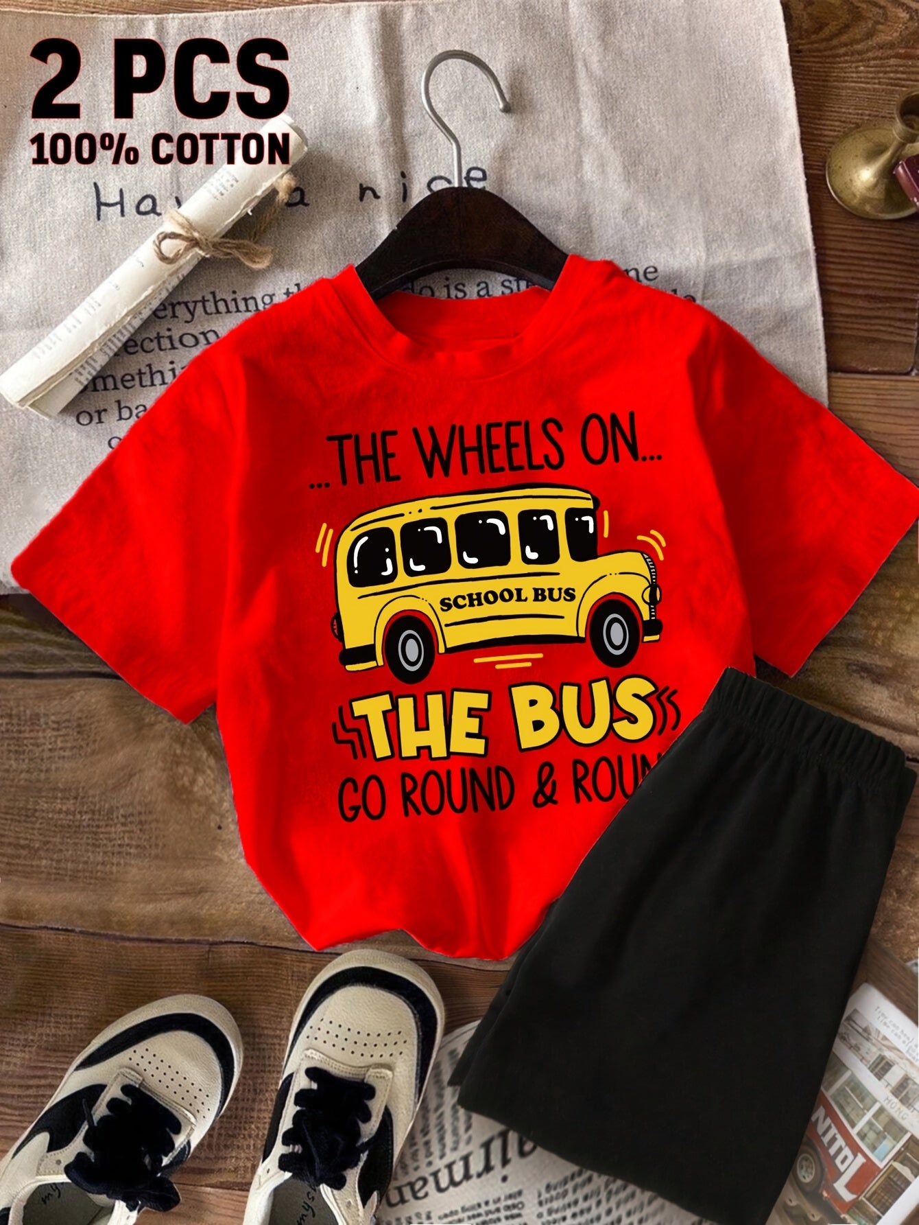 2pcs New Summer Girl The Wheels On The Bus Go Round And Round Short Sleeved 100% T-Shirt and Shorts 2pcs Set Perfect for Outdoor