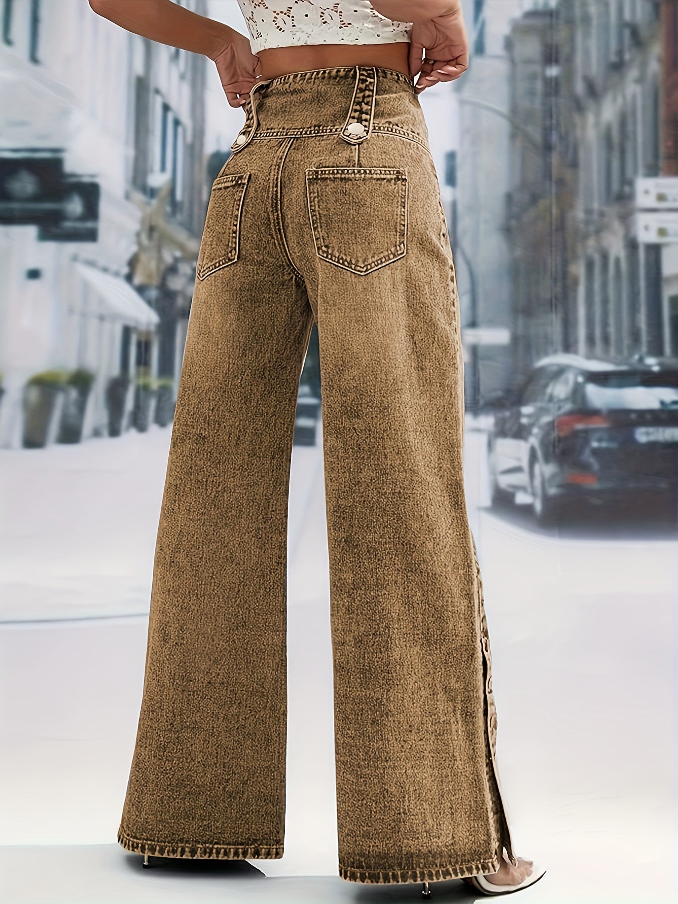 Women'S Light Blue Denim with a High Waist And Snowflake Pattern, Featuring a Buckle Design, Snap Boot Pant Legs, And a Straight, Loose Wide-Leg Cut. This Stylish Casual Outfit Is Perfect for Weekdays And Weekend Shopping, Machine Washable