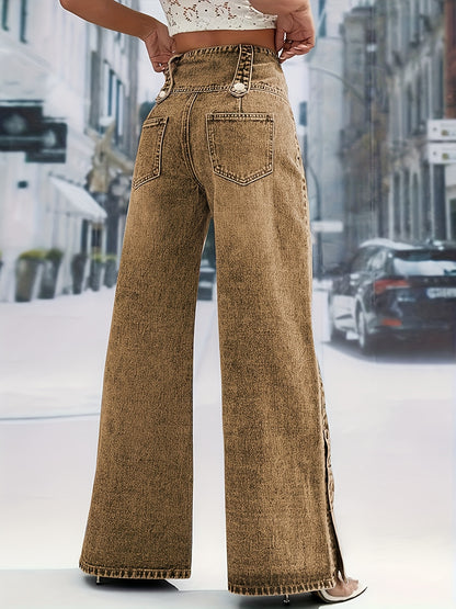 Women'S Light Blue Denim with a High Waist And Snowflake Pattern, Featuring a Buckle Design, Snap Boot Pant Legs, And a Straight, Loose Wide-Leg Cut. This Stylish Casual Outfit Is Perfect for Weekdays And Weekend Shopping, Machine Washable