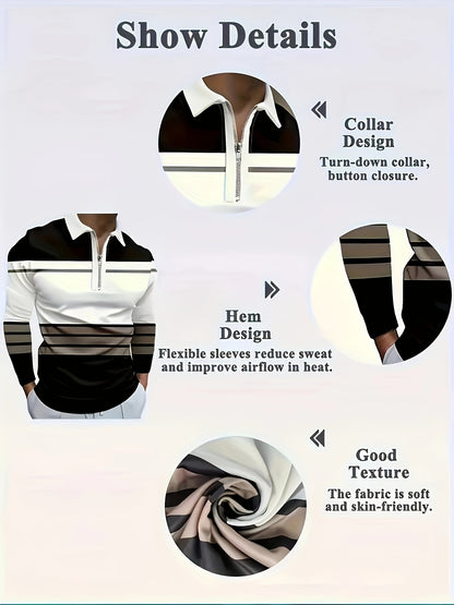 Men'S Long-Sleeve Polo Shirt with a Zip Collar, Featuring Stripes, Suitable for Spring And Autumn Fashion