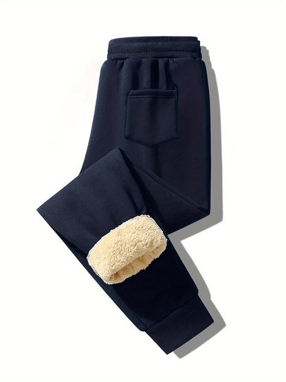 2pcs Winter Men's Warm Lamb's Fleece Casual Pants, Loose-Fit Essential for Home and Daily Wear, Simple Fleece-Lined Casual Pants with Elastic Waistband, Hidden Zipper Pocket Design, Cuffed Hem for Warmth, Loose and Long Fit. Simple and Versatile