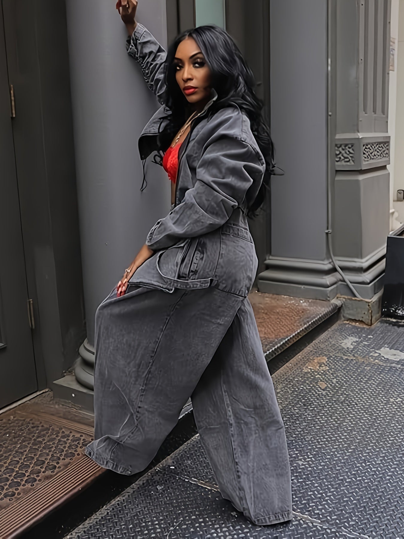 Womens Two Piece Sets Denim Outfit Ruched Long Sleeve Zip Up Cropped Jean Jacket Wide Leg Pants Chic Set
