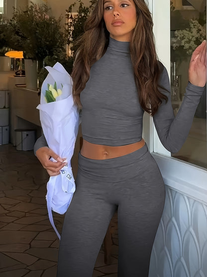 Casual Two Piece Outfits Long Sleeve High Waist Fold-Over Flare Flared Leggings Pants Sets Streetwear