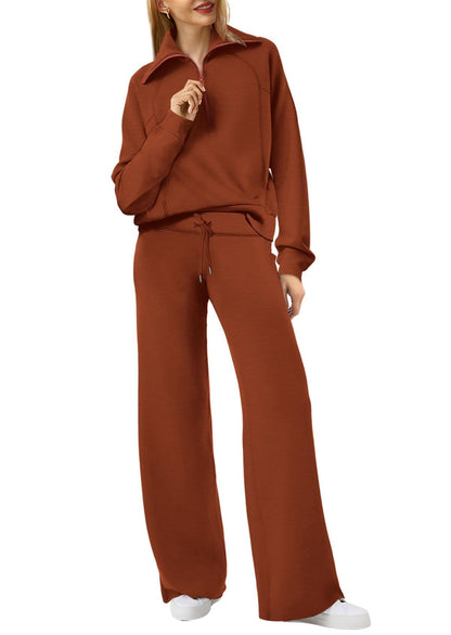 Spring/Autumn Casual Swear Set for Women, Zipper Long-Sleeve Sweatshirt and Wide-Leg Pants 2pcs Set