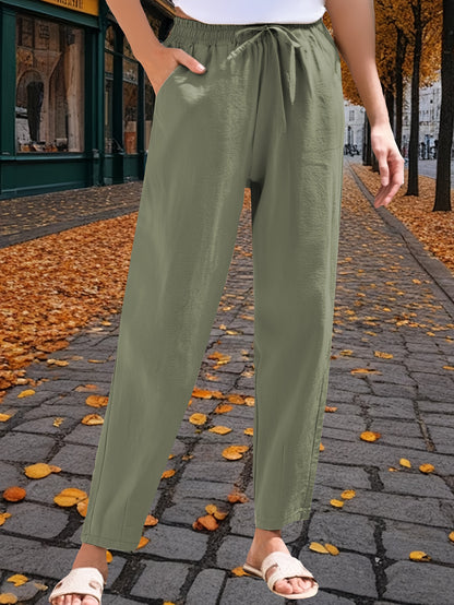 3-Pack Women'S 9/10 Length Casual Trousers, Loose Fit, Solid Color Drawstring Elastic Waist, Comfortable And Versatile for Office, Weekend Strolls, Gatherings, And Beach Vacations