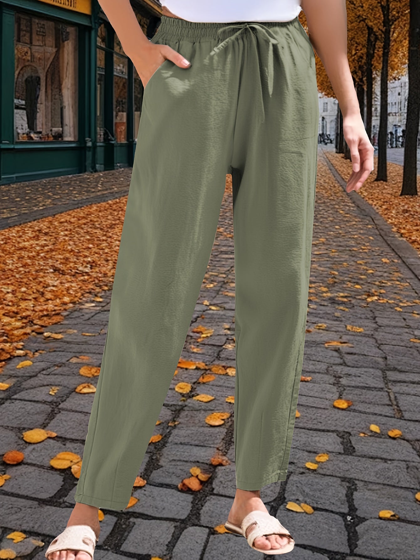 3-Pack Women'S 9/10 Length Casual Trousers, Loose Fit, Solid Color Drawstring Elastic Waist, Comfortable And Versatile for Office, Weekend Strolls, Gatherings, And Beach Vacations
