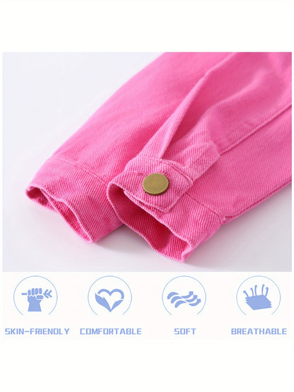 Girls' Pink denim Jacket - Soft & Stretchy Kids Coat with Button Front, Turn- Collar - Ages 5-14 Years (Sizes 6, 8, 10, 12, 14) - Casual Everyday & Formal Outfits - Easy-Care Button Closure Jacket, Children's Outerwear, Skinfriendly Fabric