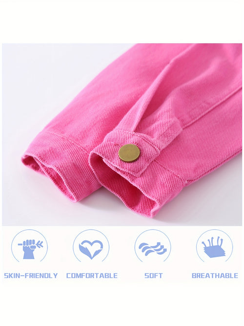 Girls' Pink denim Jacket - Soft & Stretchy Kids Coat with Button Front, Turn- Collar - Ages 5-14 Years (Sizes 6, 8, 10, 12, 14) - Casual Everyday & Formal Outfits - Easy-Care Button Closure Jacket, Children's Outerwear, Skinfriendly Fabric