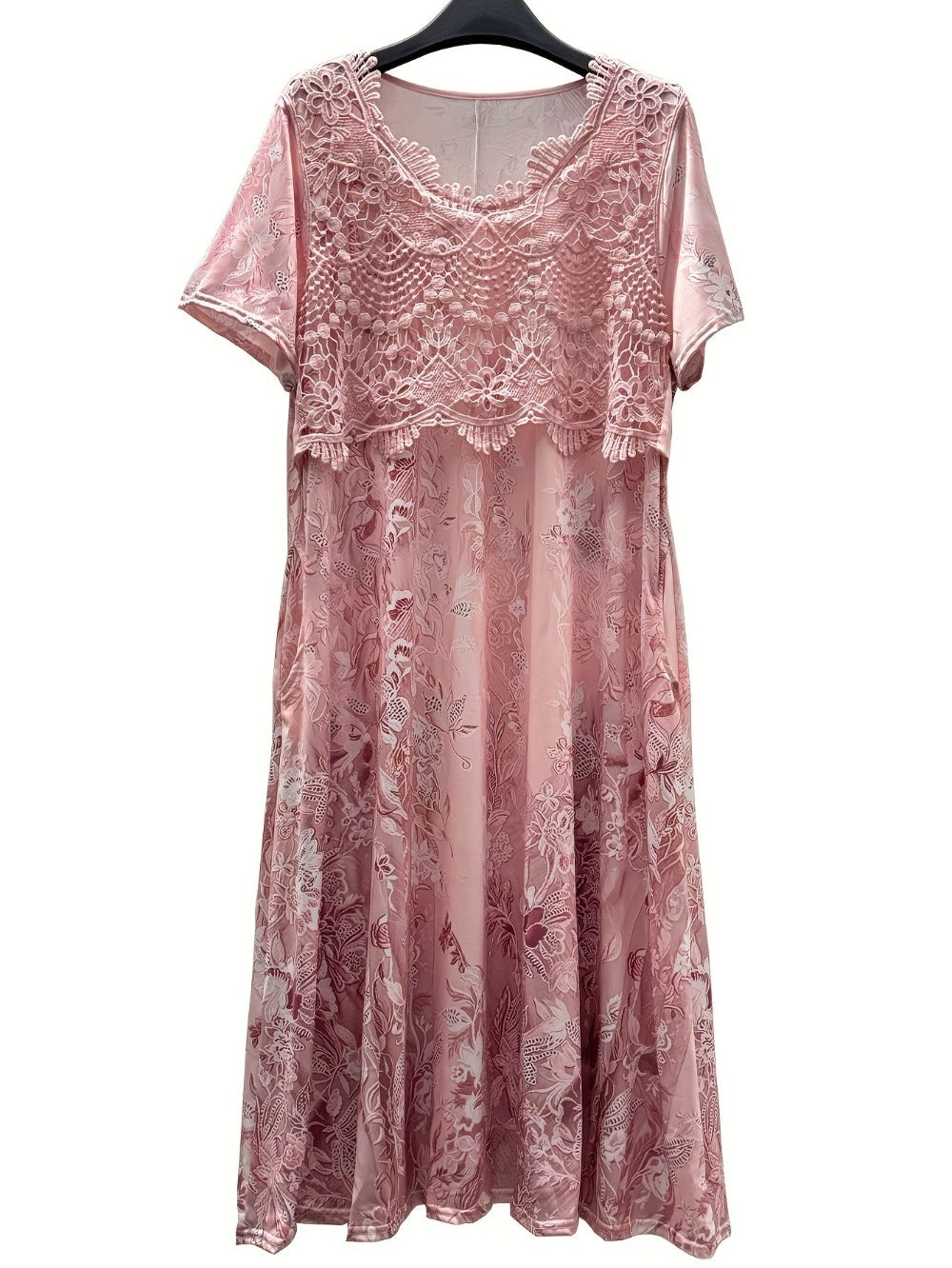Women's Pink Floral Midi Casual Dress - Short Sleeve Easy Styling